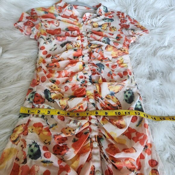 Urban Outfitters Y2K Riko Mesh Orange Butterfly Mini Dress Size M Ruched Button - Picture 9 of 14